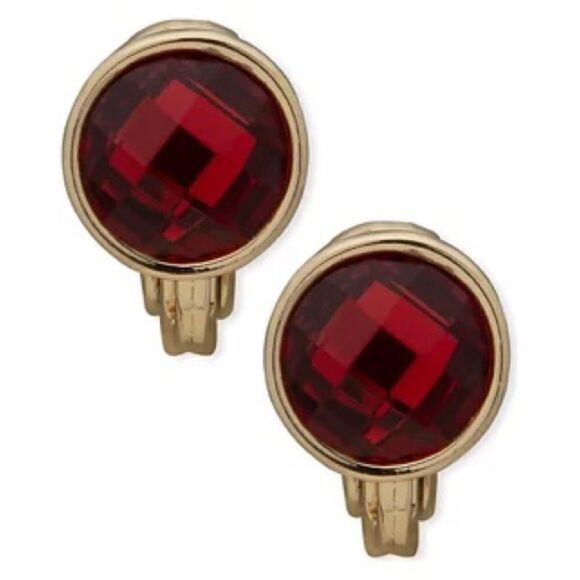 Anne Klein Gold-Tone Red Siam Stone Button Clip Earrings NWT - Picture 1 of 3